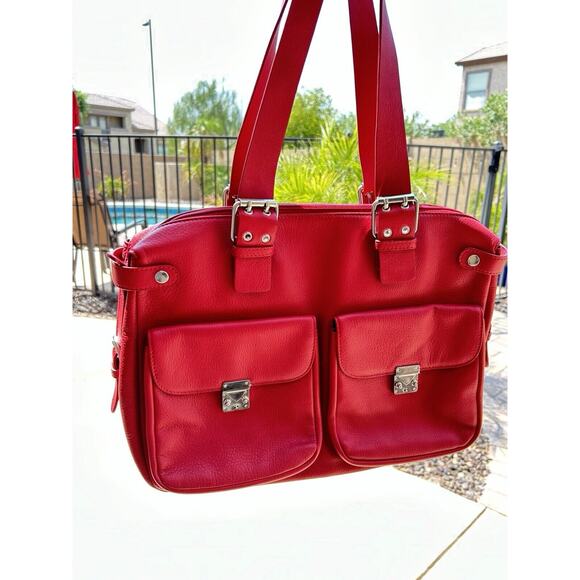COPY - BUDD LEATHER "Ashley Rose" Red Leather Double Pocket Tote - Picture 1 of 16